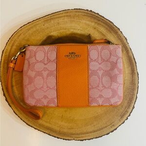 Coach Signature Jacquard and Leather Zip Slim Pink and Orange Wristlet